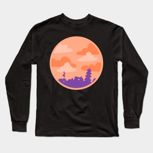 An orange sunset mit purple houses abstract design in a circle (round) Long Sleeve T-Shirt